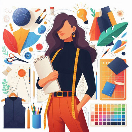 Vector illustration of a fashion designer woman with a sketchbook in her handsのイラスト素材