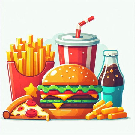 Fast food vector illustration. Hamburger, french fries, cola and soda.のイラスト素材