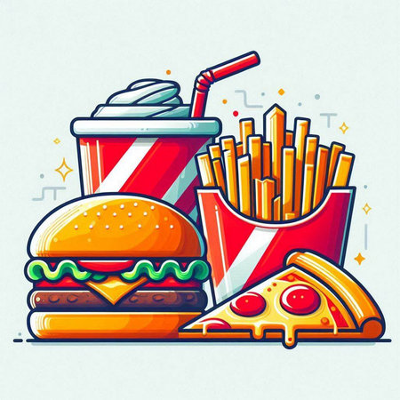 Fast food vector illustration. Hamburger, french fries, soda, pizza.のイラスト素材