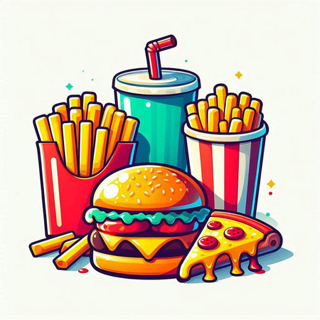 Fast food vector illustration. Hamburger, fries and cola.
