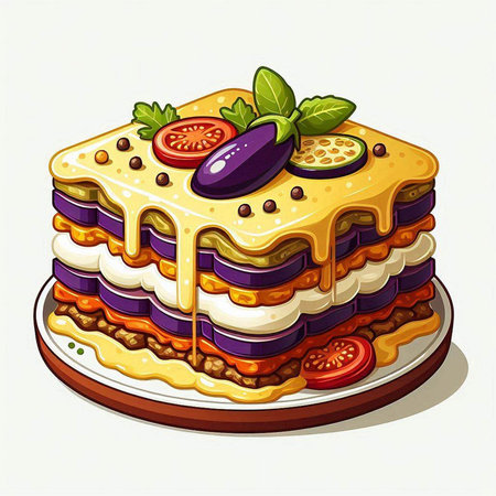 Illustration of a layered lasagna with eggplant, tomato and cheeseのイラスト素材