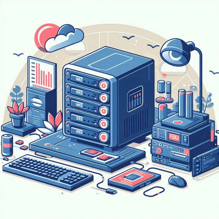 Data center isometric composition with server and cloud computing symbols vector illustrationのイラスト素材