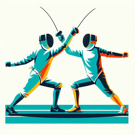 Two fencing players in action. Retro style vector illustration. Graphic concept for your designのイラスト素材