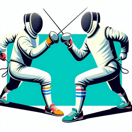 Fencing duel, two young men in fencing costume, vector illustrationのイラスト素材