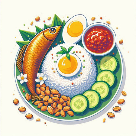 Fish and eggs with caviar and vegetables on a plate. Vector illustration.のイラスト素材
