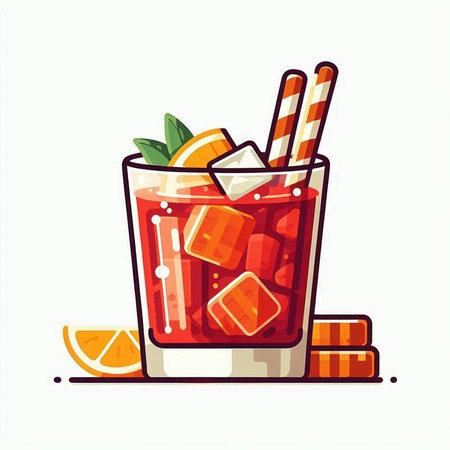Cocktail with orange, ice and straws. Vector illustrationのイラスト素材