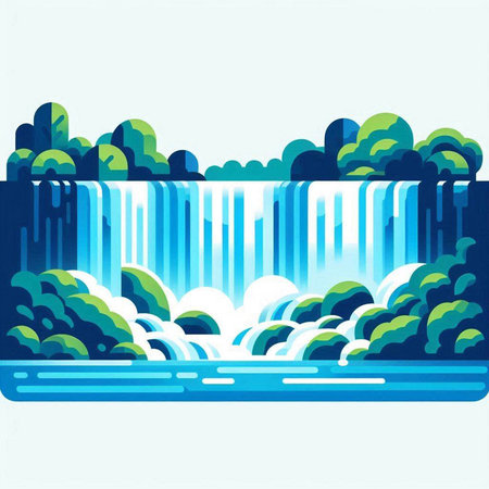 Illustration of waterfall with trees and clouds in a flat style.のイラスト素材