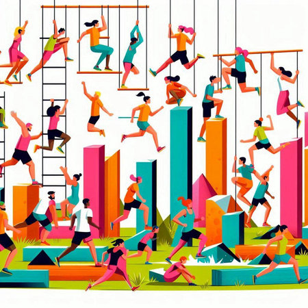Group of people running on the bar chart. Flat style vector illustration.のイラスト素材