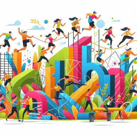 Vector illustration of people running in the city. Healthy lifestyle concept.のイラスト素材