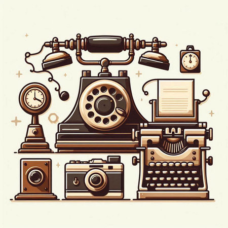 Retro telephone and typewriter. Vector illustration in retro style.のイラスト素材