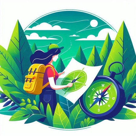 Traveler girl with backpack and compass in the forest. Vector illustrationのイラスト素材