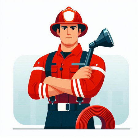 Firefighter in a red uniform with a fire hose. Vector illustrationのイラスト素材