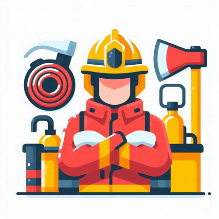 Firefighter in uniform with tools. Flat style vector illustration isolated on white background.のイラスト素材
