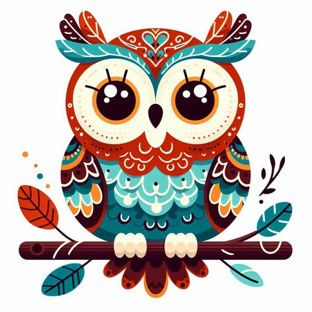Cute owl on a branch with leaves. Vector illustration in cartoon style.のイラスト素材