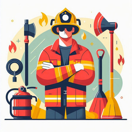 Firefighter in uniform standing with crossed arms. Vector illustration in flat styleのイラスト素材