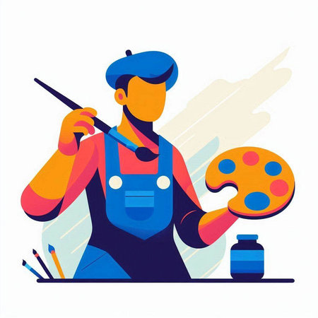 Painter with palette and paint brush. Vector illustration in flat styleのイラスト素材