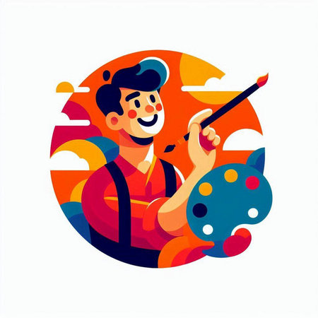 Man painter with palette and brush. Vector illustration in flat cartoon styleのイラスト素材