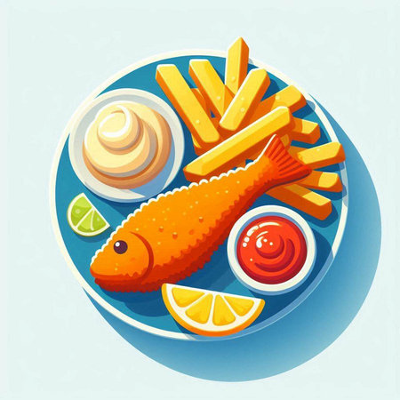 Fish with french fries and sauce on a plate. Vector illustration.のイラスト素材