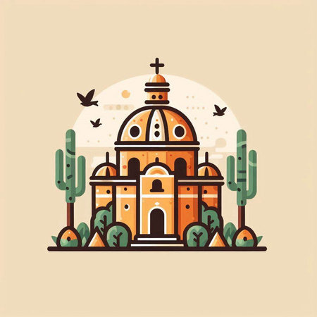Church in the desert. Colorful vector illustration in flat style.のイラスト素材
