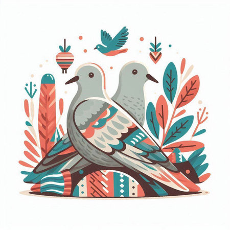 Pigeons on the background of nature. Hand drawn vector illustration.のイラスト素材