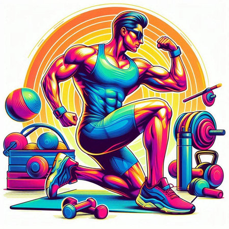 Muscular man with dumbbells in the gym. Vector illustration.のイラスト素材
