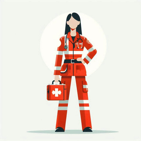 Firefighter woman with a first aid kit. Flat vector illustration.のイラスト素材