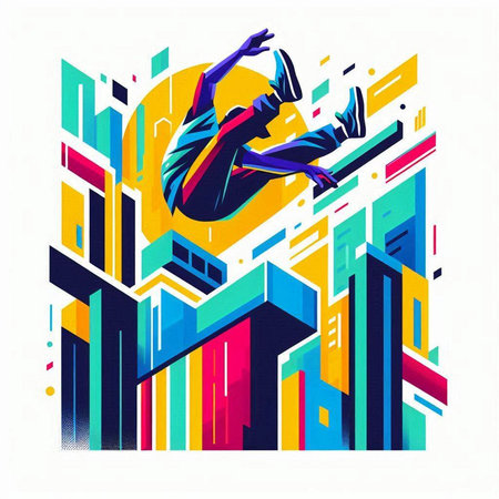Vector illustration of a man jumping in the city. Abstract colorful background.