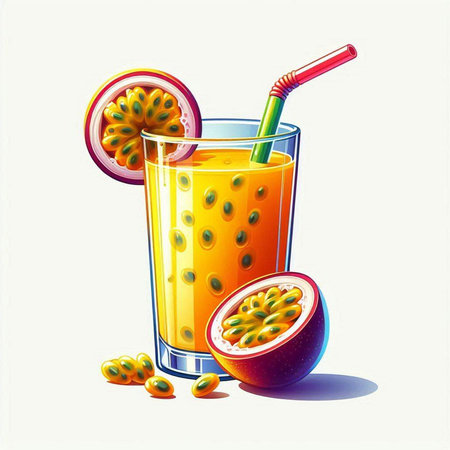 Passion fruit juice in a glass with a straw. Vector illustration.のイラスト素材