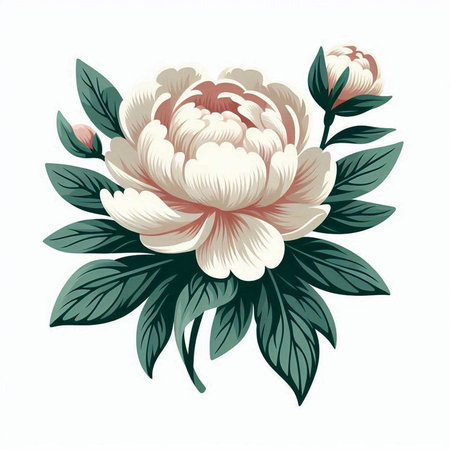Beautiful white peony flower with green leaves. Vector illustration.のイラスト素材