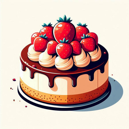 Vector illustration of a chocolate cake with strawberries on a white background.