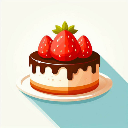 Chocolate cake with strawberries on a white plate. Vector illustration.のイラスト素材
