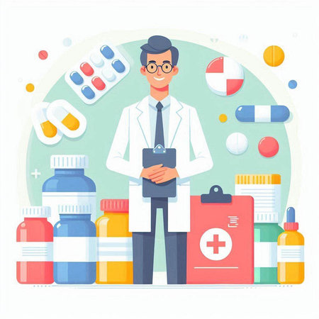 Male doctor in white coat with stethoscope standing near medicine bottles and pills in circle vector illustrationのイラスト素材