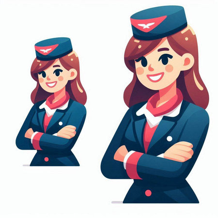 Smiling stewardess in uniform with crossed arms. Vector illustrationのイラスト素材
