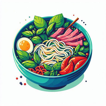 Bowl of noodle soup with vegetables and egg. Vector illustration.のイラスト素材
