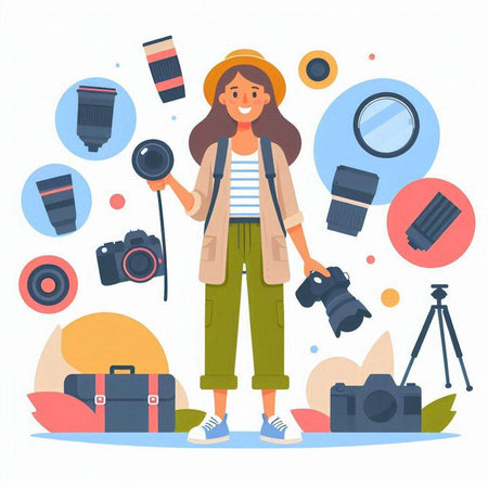 Photographer woman with camera and equipment. Vector illustration in flat styleのイラスト素材