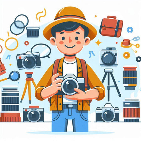 Photographer with camera and equipment. Vector illustration in flat style.のイラスト素材
