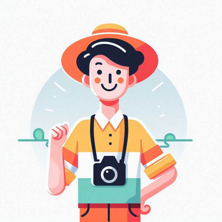Tourist with camera and map. Vector illustration in flat style.のイラスト素材