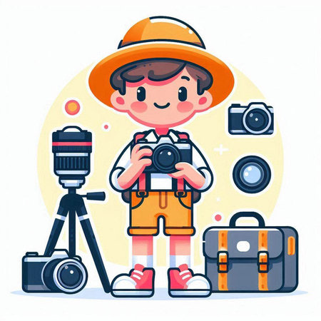 Boy photographer with camera and equipment. Vector illustration in cartoon style.のイラスト素材