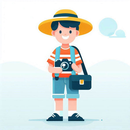 Tourist with camera in hand. Vector illustration in cartoon style.のイラスト素材
