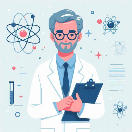 Scientist man in white coat and glasses. Vector illustration in flat styleのイラスト素材