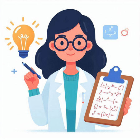 Vector illustration of a young female scientist holding a clipboard with a checklist and a pen.のイラスト素材