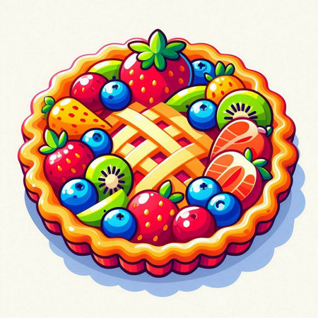 Illustration of a pie with fruit and berries in cartoon style.のイラスト素材