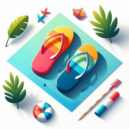 Summer vacation icon with flip flops and tropical leaves on blue backgroundのイラスト素材
