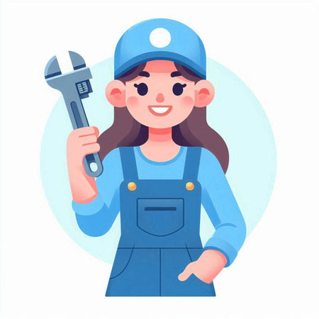 Female plumber in uniform holding wrench. Vector illustration in cartoon styleのイラスト素材