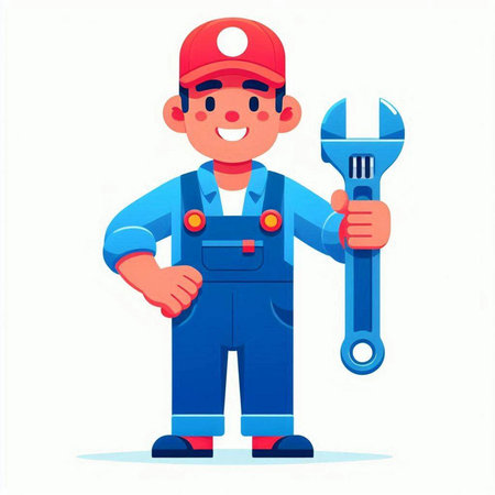 Plumber in uniform holding wrench. Vector illustration in cartoon style.のイラスト素材