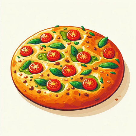Illustration of a pizza with tomato and basil on a white backgroundのイラスト素材
