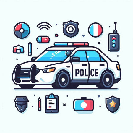 Police car, police car, police car, police car, police car, police station, police car, police car, police car, police car, police car, police car, police car, police flasher. Vector illustration.のイラスト素材