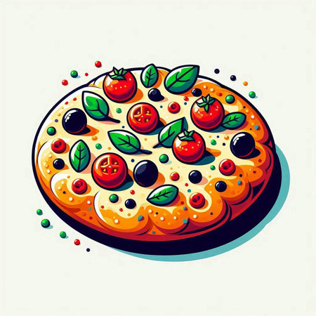 Pizza with tomatoes, olives and pepper. Vector illustration.のイラスト素材