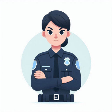 Policewoman with folded arms. Vector illustration in cartoon style.