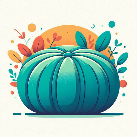 Vector illustration of a stylized green and orange pumpkin with leaves.のイラスト素材